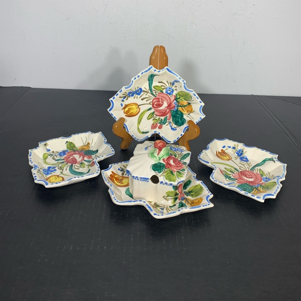 Vintage Italian Majolica Nove Rose leaf shaped dishes and box with lid
